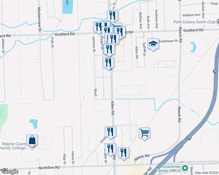 map of restaurants, bars, coffee shops, grocery stores, and more near 11680 Allen Road in Taylor