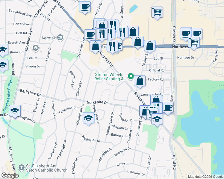 map of restaurants, bars, coffee shops, grocery stores, and more near 705 Wiltshire Court in Crystal Lake