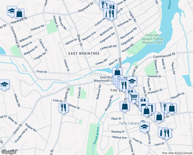 map of restaurants, bars, coffee shops, grocery stores, and more near 141 Commercial Street in Braintree