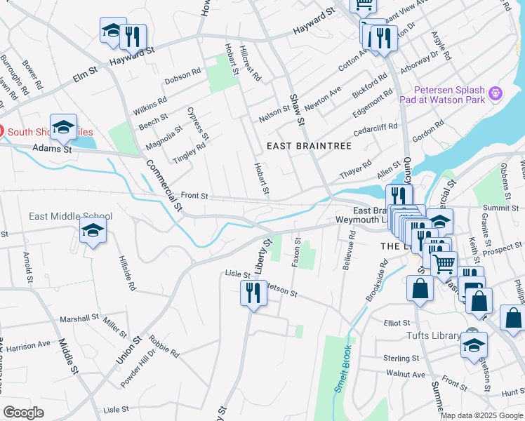 map of restaurants, bars, coffee shops, grocery stores, and more near 206 Allen Street in Braintree
