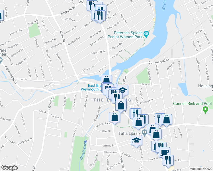 map of restaurants, bars, coffee shops, grocery stores, and more near 26 Quincy Avenue in Braintree