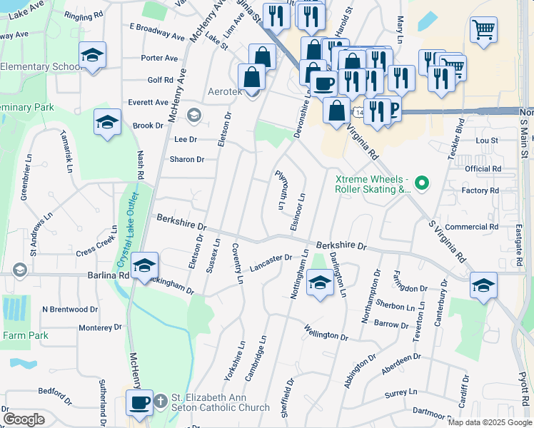 map of restaurants, bars, coffee shops, grocery stores, and more near 688 Devonshire Lane in Crystal Lake