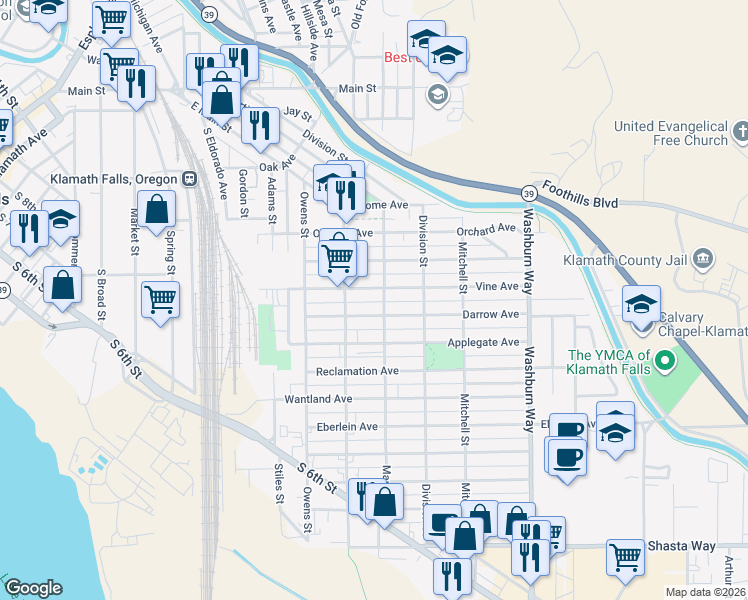 map of restaurants, bars, coffee shops, grocery stores, and more near 814 Martin Street in Klamath Falls