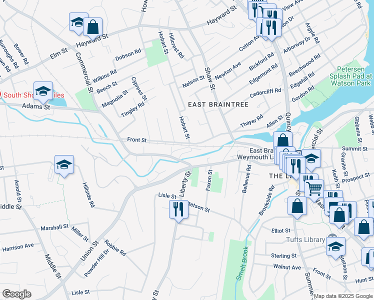 map of restaurants, bars, coffee shops, grocery stores, and more near 202 Allen Street in Braintree