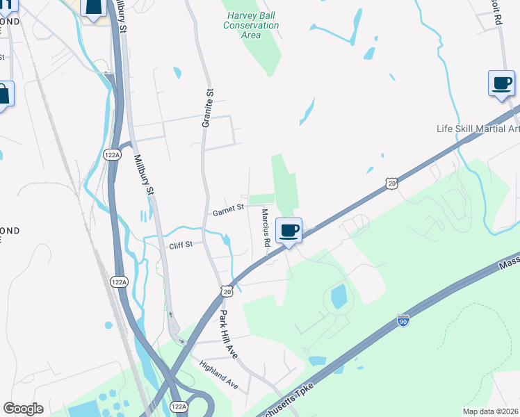 map of restaurants, bars, coffee shops, grocery stores, and more near 39-99 Garnet Street in Worcester