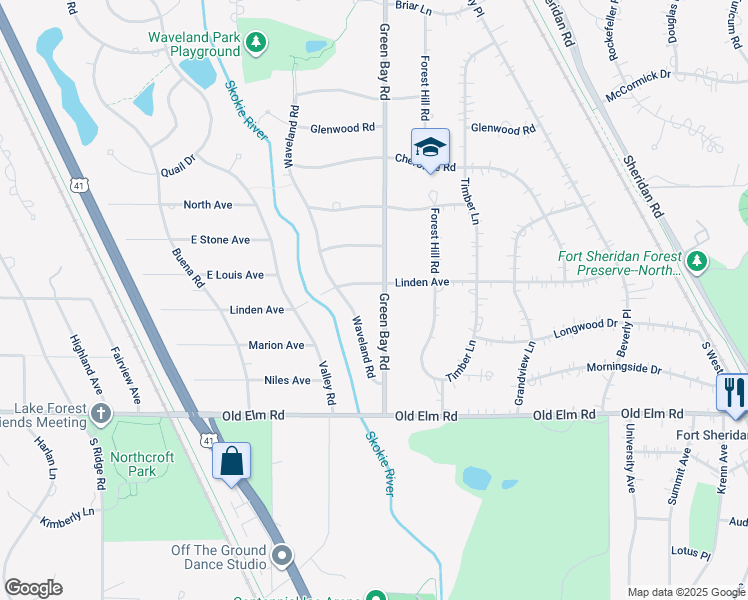 map of restaurants, bars, coffee shops, grocery stores, and more near 1000 South Green Bay Road in Lake Forest