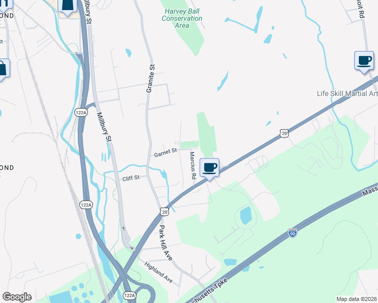 map of restaurants, bars, coffee shops, grocery stores, and more near 39-99 Garnet Street in Worcester