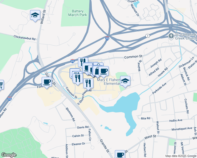 map of restaurants, bars, coffee shops, grocery stores, and more near 250 Granite Street in Braintree