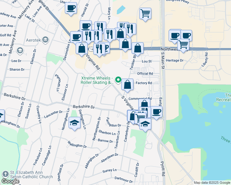map of restaurants, bars, coffee shops, grocery stores, and more near 560 Somerset Lane in Crystal Lake
