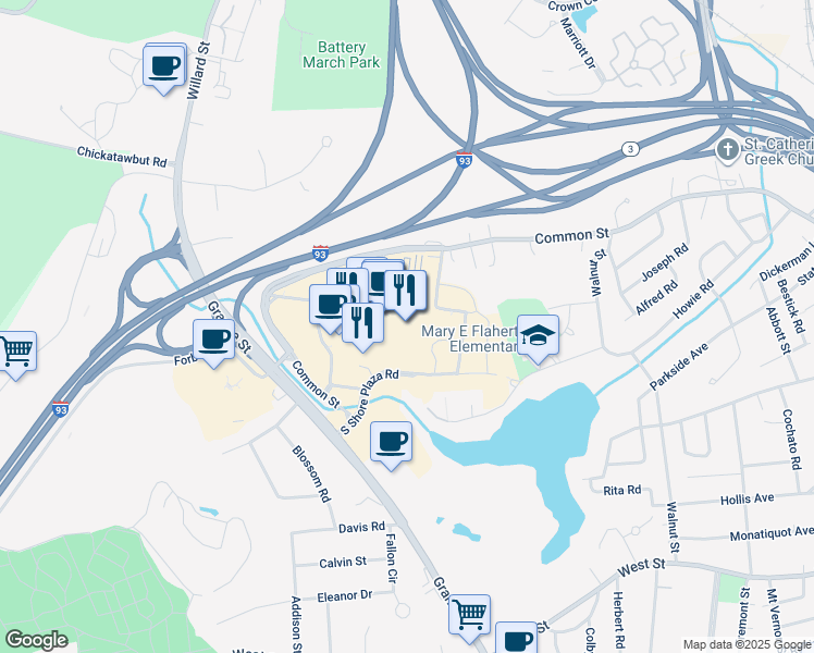 map of restaurants, bars, coffee shops, grocery stores, and more near 250 Granite Street in Braintree
