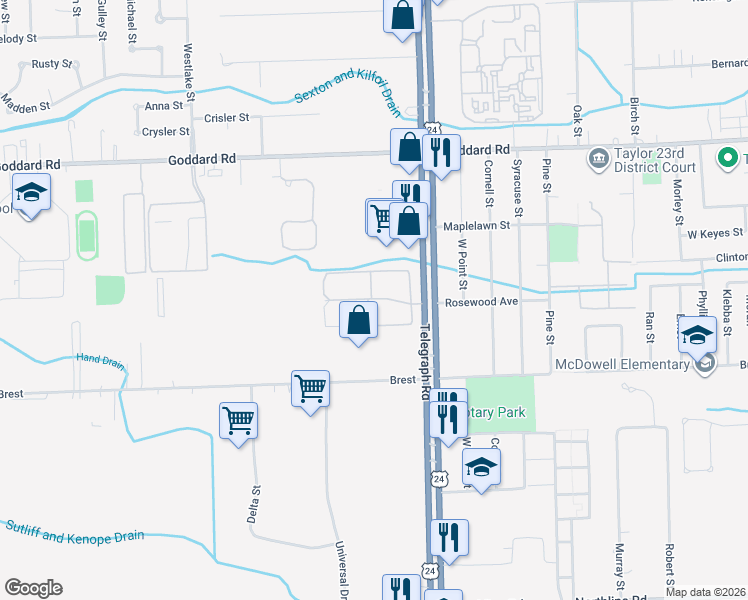 map of restaurants, bars, coffee shops, grocery stores, and more near 24276 Rosewood Avenue in Taylor