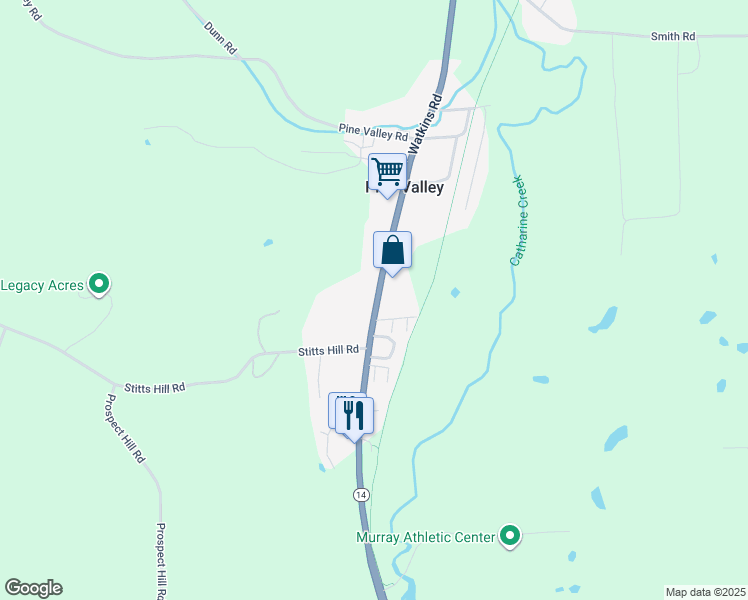 map of restaurants, bars, coffee shops, grocery stores, and more near 3606 Watkins Rd in Pine Valley