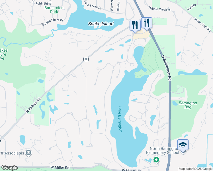 map of restaurants, bars, coffee shops, grocery stores, and more near 678 Shoreline Road in Lake Barrington