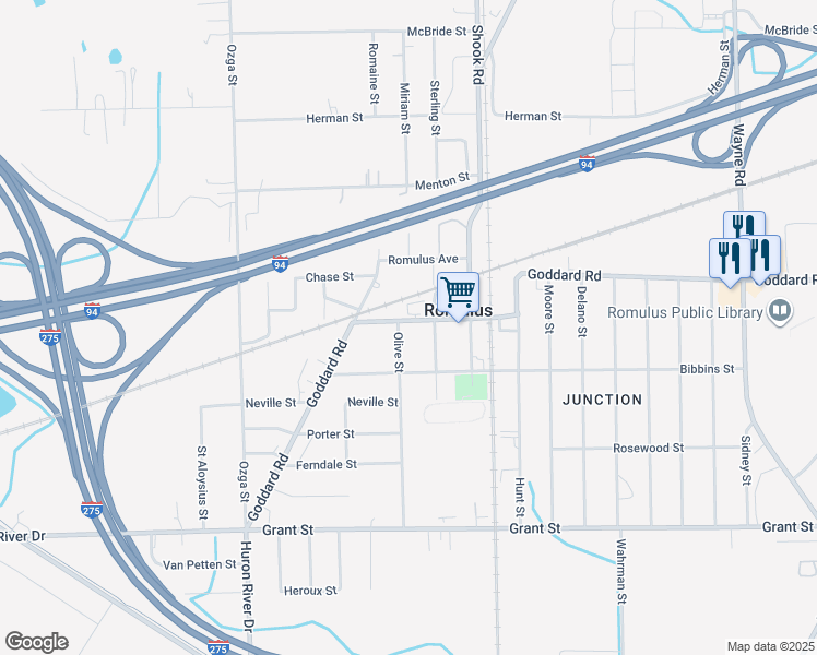 map of restaurants, bars, coffee shops, grocery stores, and more near 36653 Goddard Road in Romulus