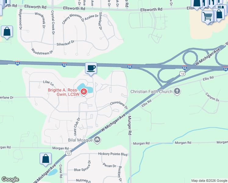 map of restaurants, bars, coffee shops, grocery stores, and more near 4523 Swiss Stone Court in Ypsilanti