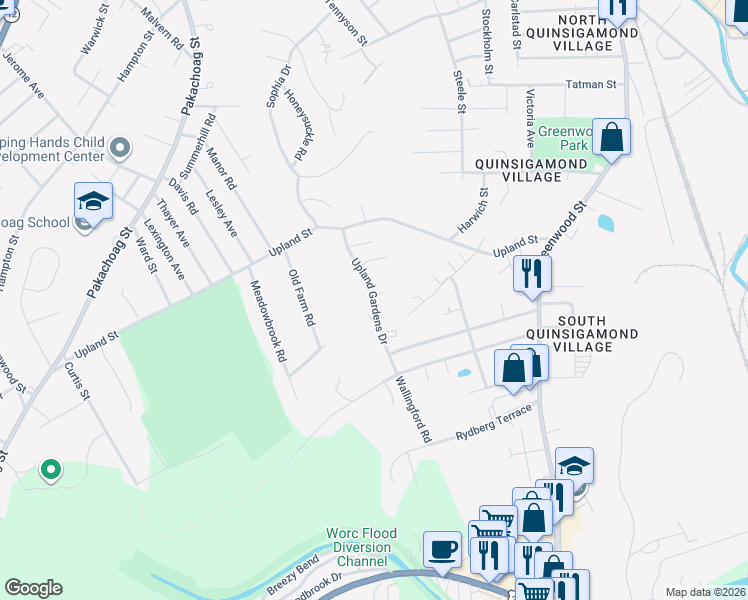 map of restaurants, bars, coffee shops, grocery stores, and more near 15 Upland Gardens Drive in Worcester