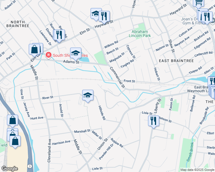 map of restaurants, bars, coffee shops, grocery stores, and more near 37 McCusker Drive in Braintree