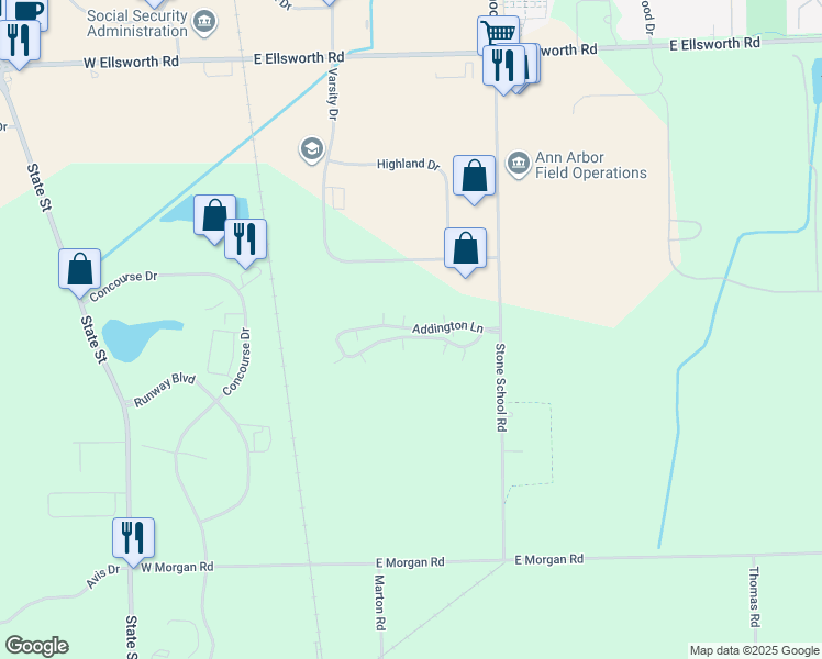 map of restaurants, bars, coffee shops, grocery stores, and more near 1822 Addington Lane in Ann Arbor