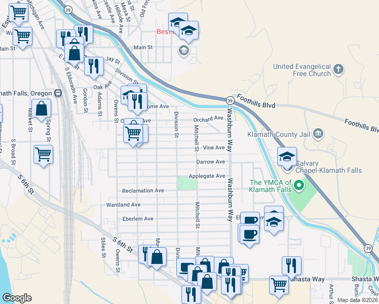 map of restaurants, bars, coffee shops, grocery stores, and more near 2330 Vine Avenue in Klamath Falls