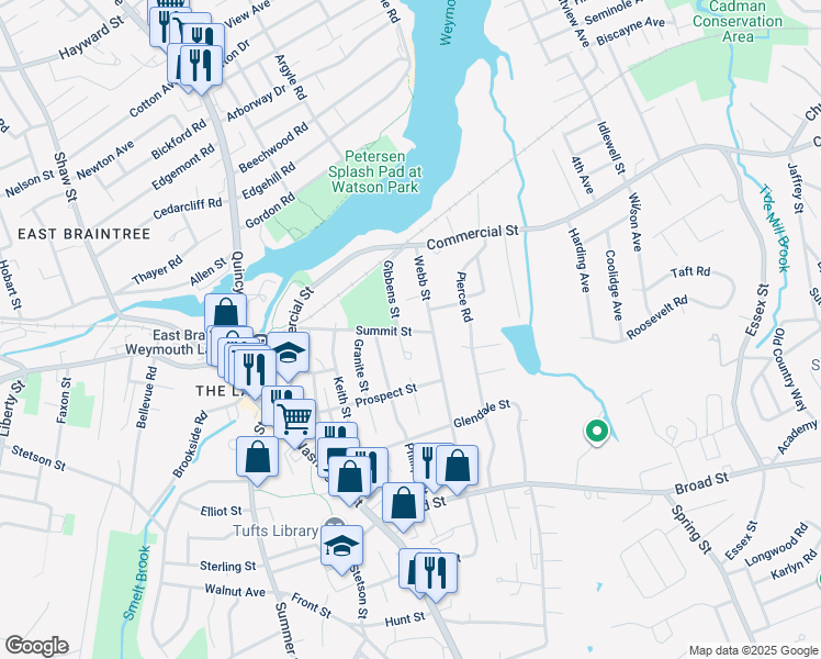 map of restaurants, bars, coffee shops, grocery stores, and more near 120 Webb Street in Weymouth