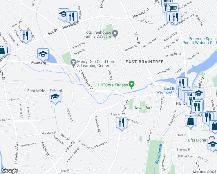 map of restaurants, bars, coffee shops, grocery stores, and more near 287 Commercial Street in Braintree