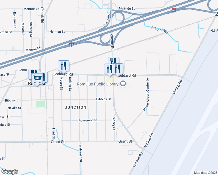 map of restaurants, bars, coffee shops, grocery stores, and more near 11074 Gabriel Street in Romulus