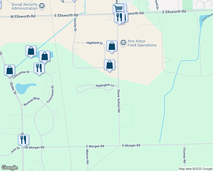 map of restaurants, bars, coffee shops, grocery stores, and more near 1801 Addington Lane in Ann Arbor