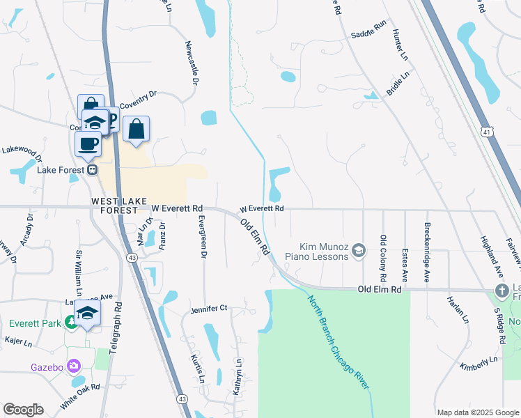 map of restaurants, bars, coffee shops, grocery stores, and more near 500-598 W Everett Rd in Lake Forest