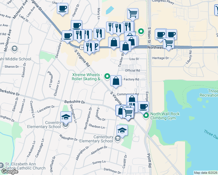 map of restaurants, bars, coffee shops, grocery stores, and more near 615 South Virginia Road in Crystal Lake