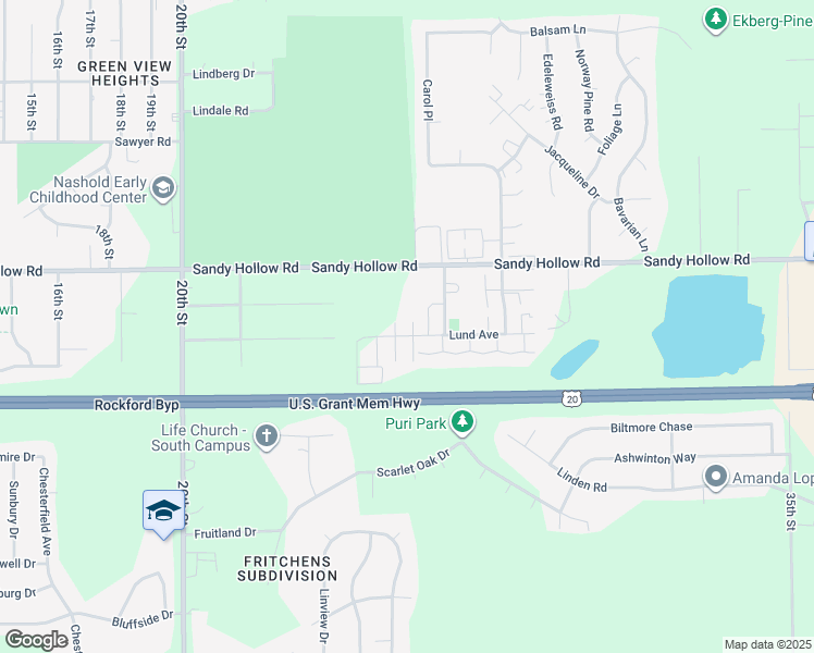 map of restaurants, bars, coffee shops, grocery stores, and more near 2750 Lund Avenue in Rockford