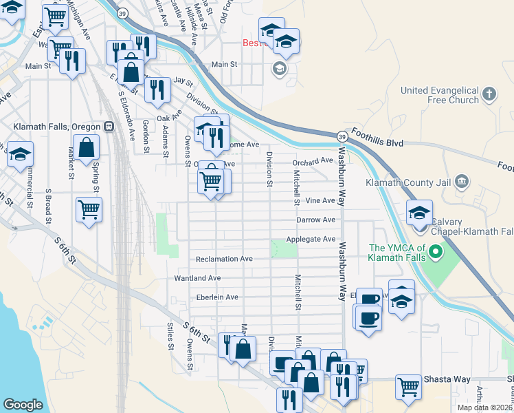 map of restaurants, bars, coffee shops, grocery stores, and more near 2236 Vine Avenue in Klamath Falls