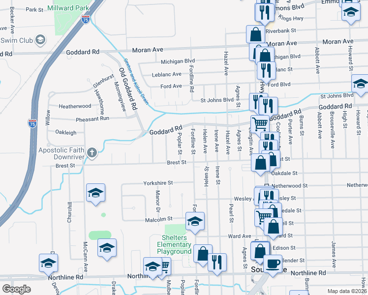 map of restaurants, bars, coffee shops, grocery stores, and more near 4189 Fordline Street in Southgate