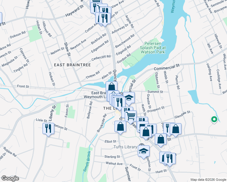 map of restaurants, bars, coffee shops, grocery stores, and more near 26 Quincy Avenue in Braintree