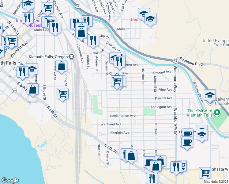 map of restaurants, bars, coffee shops, grocery stores, and more near 2042 Vine Avenue in Klamath Falls