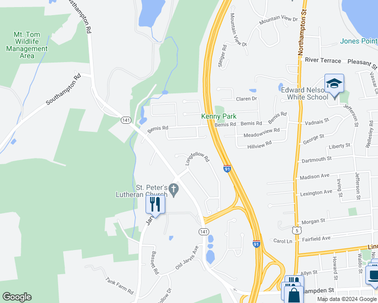 map of restaurants, bars, coffee shops, grocery stores, and more near 7 Longfellow Road in Holyoke