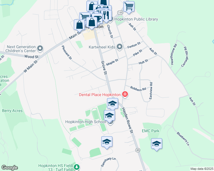 map of restaurants, bars, coffee shops, grocery stores, and more near 72 Grove Street in Hopkinton