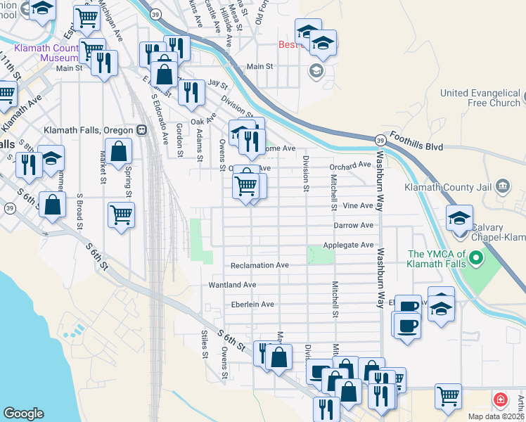 map of restaurants, bars, coffee shops, grocery stores, and more near 2124 Vine Avenue in Klamath Falls