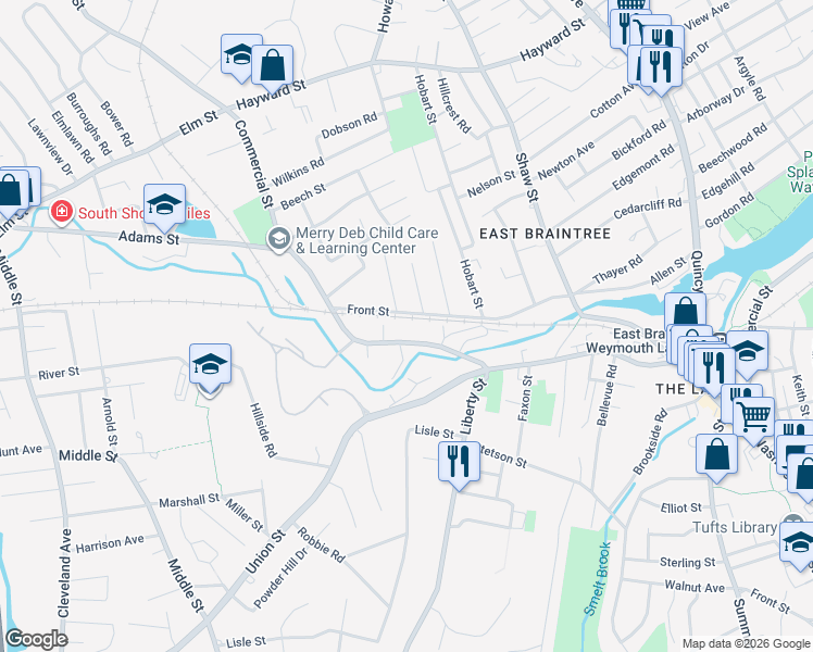 map of restaurants, bars, coffee shops, grocery stores, and more near 287 Commercial Street in Braintree