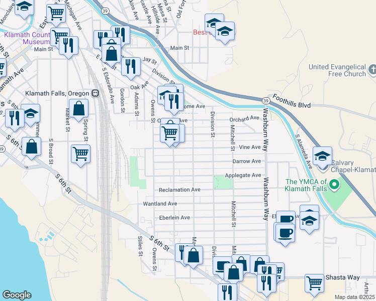 map of restaurants, bars, coffee shops, grocery stores, and more near 2150 1/2 Vine Avenue in Klamath Falls