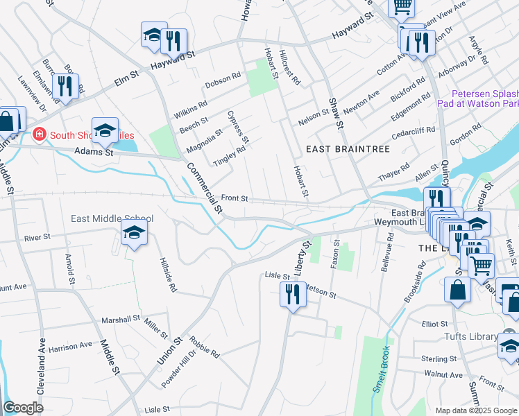 map of restaurants, bars, coffee shops, grocery stores, and more near 287 Commercial Street in Braintree
