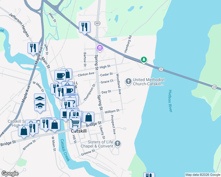 map of restaurants, bars, coffee shops, grocery stores, and more near 49 Day St in Catskill