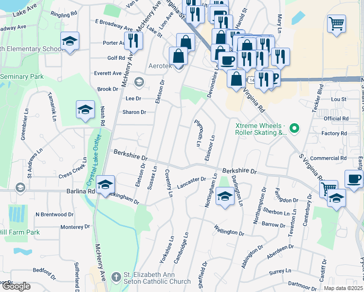 map of restaurants, bars, coffee shops, grocery stores, and more near 688 Devonshire Lane in Crystal Lake