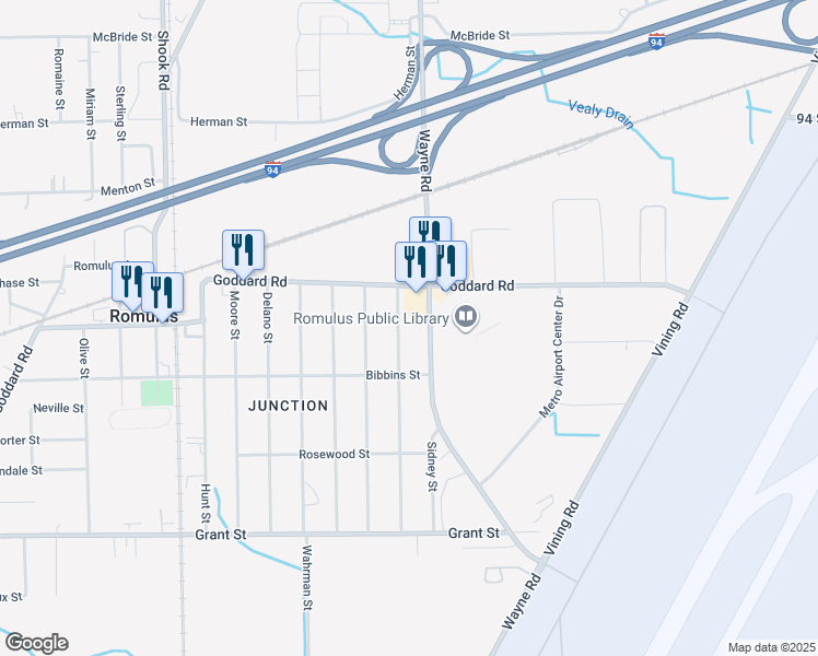 map of restaurants, bars, coffee shops, grocery stores, and more near 11100 Wayne Road in Romulus