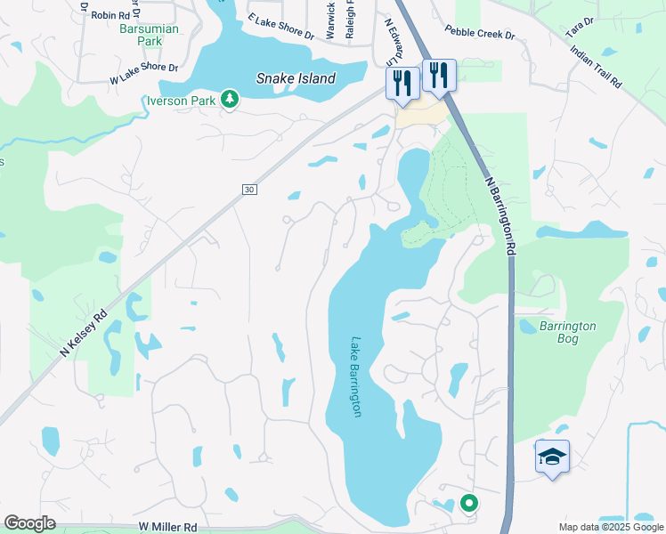 map of restaurants, bars, coffee shops, grocery stores, and more near 24723 Shoreline Road in Lake Barrington