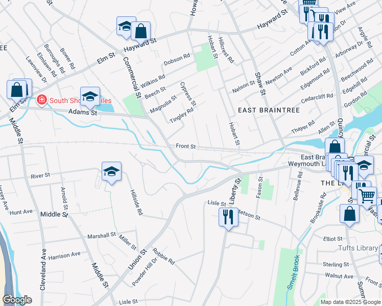 map of restaurants, bars, coffee shops, grocery stores, and more near 315 Commercial Street in Braintree