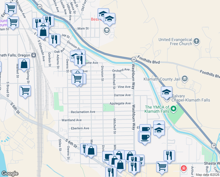 map of restaurants, bars, coffee shops, grocery stores, and more near 2330 Vine Avenue in Klamath Falls