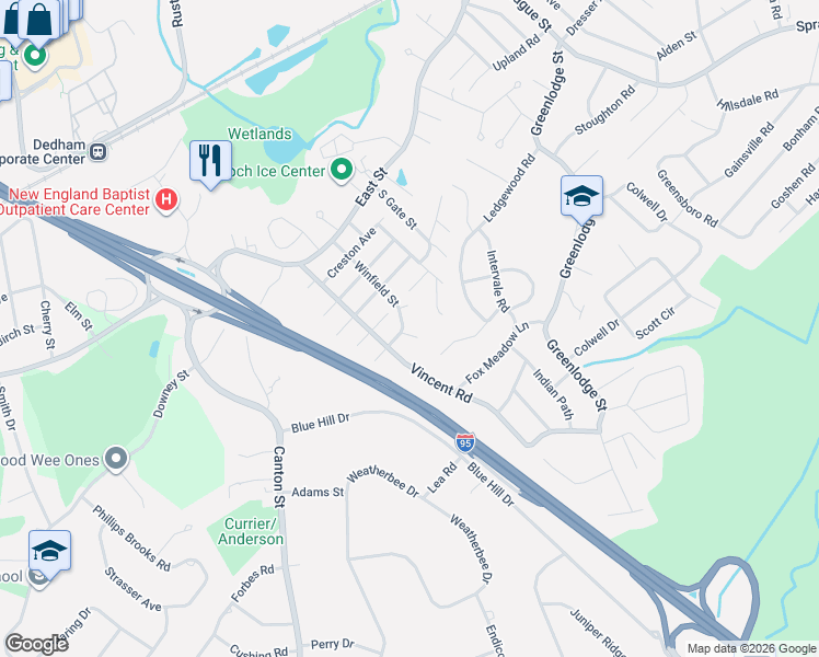 map of restaurants, bars, coffee shops, grocery stores, and more near 29 Granite Street in Dedham