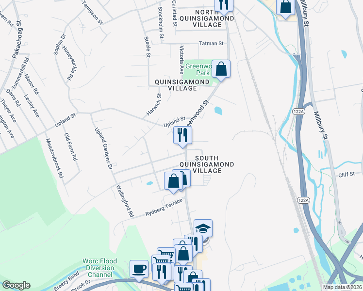map of restaurants, bars, coffee shops, grocery stores, and more near 6 Strasburg Road in Worcester