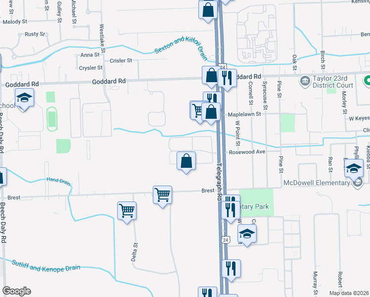 map of restaurants, bars, coffee shops, grocery stores, and more near 24276 Rosewood Avenue in Taylor