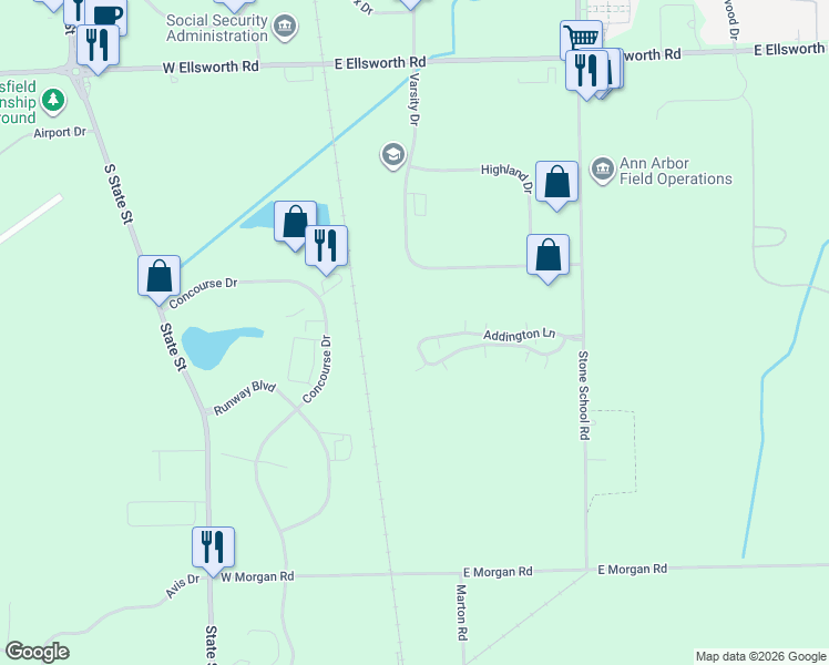 map of restaurants, bars, coffee shops, grocery stores, and more near 1281 Addington Lane in Ann Arbor
